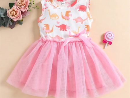 2023 Girls Summer Casual Dress Dinosaur Print Gauze Round Neck Sleeveless Princess Dresses for Kids Online Hot Sale