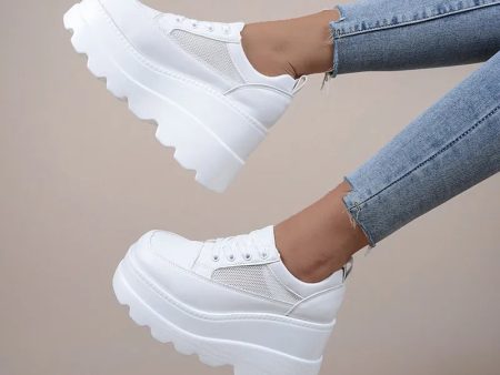 2022 NEW White Wedge Sneakers Shoes Platform Breathable Hollow Shoes Chunky Platform Heel Pumps Shoes Women Heels on Sale