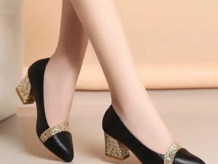 2021 Women Pumps Sweet Style Square High Heel Sequins Pointed Toe Spring and Autumn Elegant Shallow Ladies Shoes on Sale